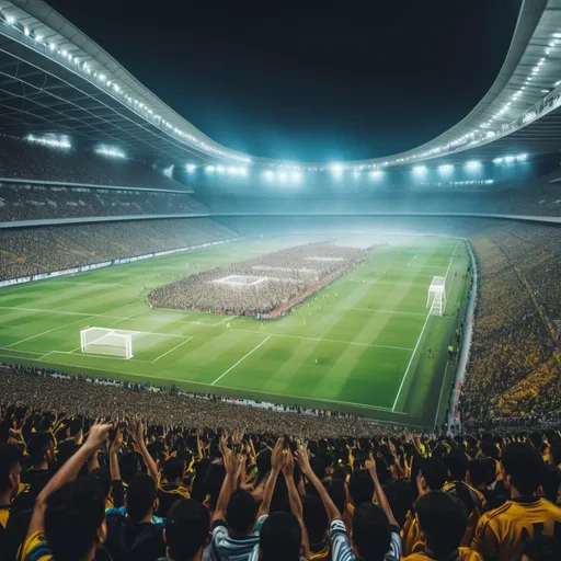 Prompt: A packed football stadium during a crucial match, fans cheering loudly.