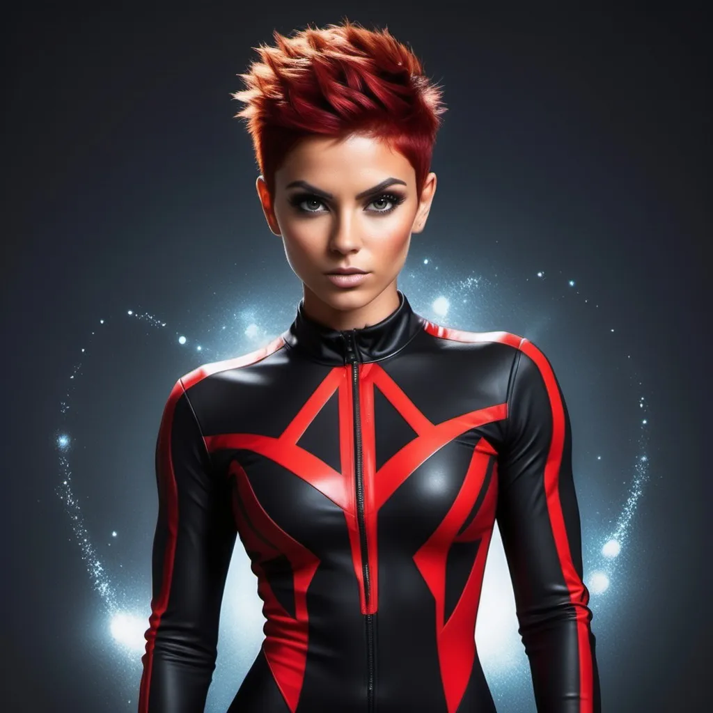 Prompt: olive skin, slight glow or shimmer, short spikey red hair, bright intense eyes, muscular and athletic, strong and confident, sleek modern jumpsuit red and black with a galaxy symbol