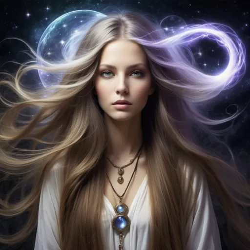 Prompt: psychic beautiful long flowing hair, mystic