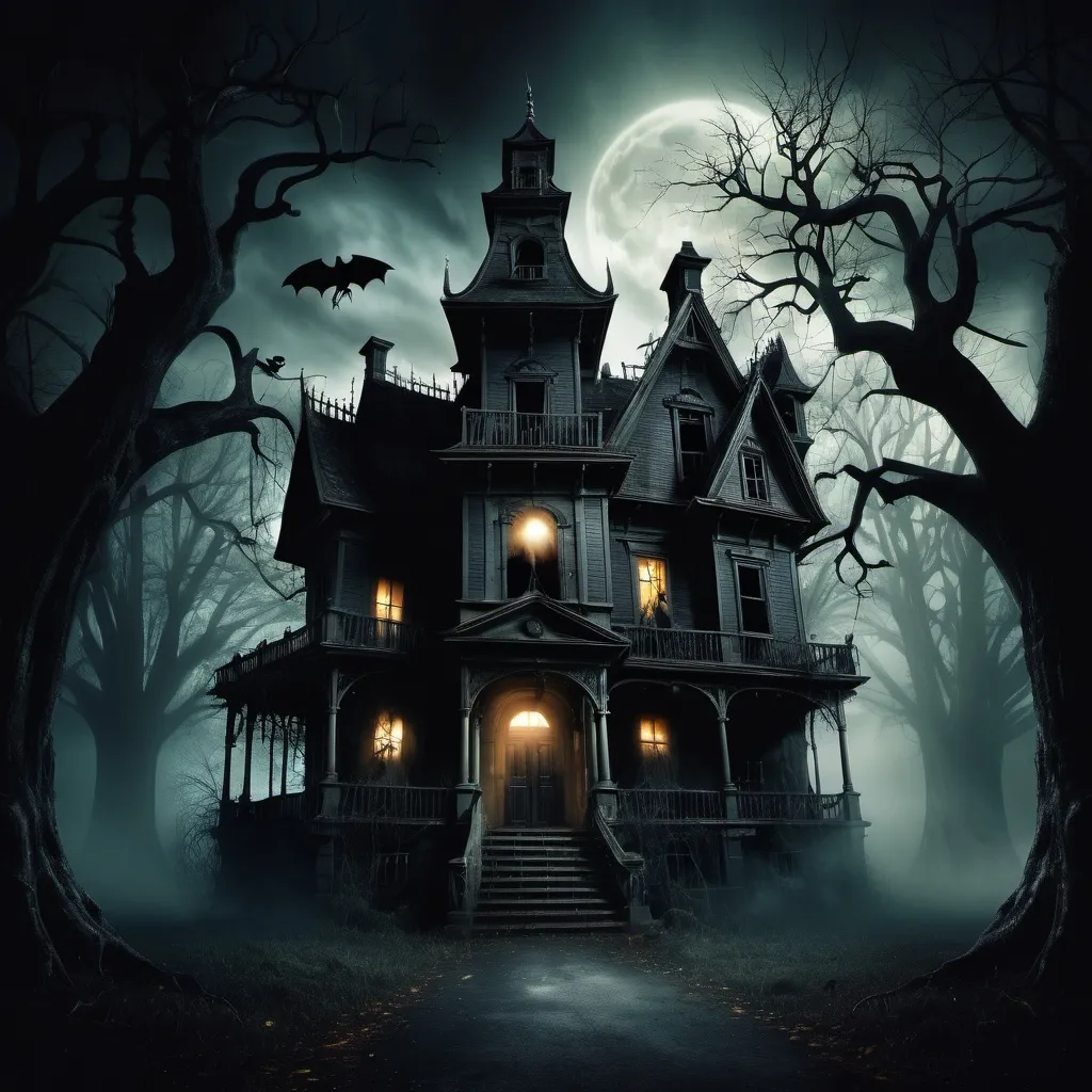 Prompt: Eerie haunted house, with trees and darkness and mythical creatures, paranormal creatures