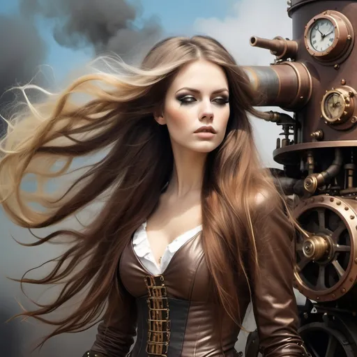 Prompt: Steam punk beautiful woman long flowing hair