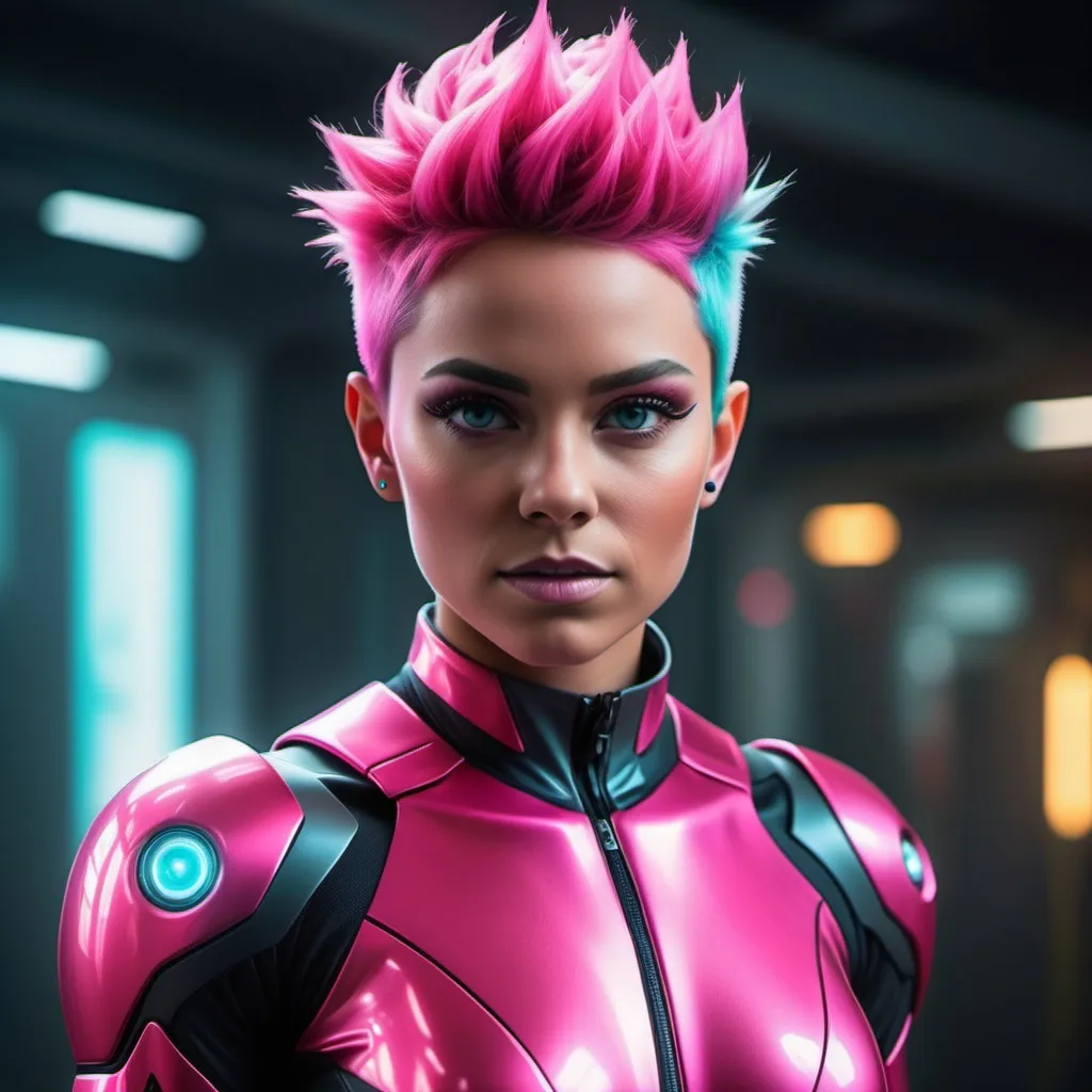 Prompt: unique iridescent skin color that shifts and changes depending on mood and energy level, short spikey neon pink hair, bright piercing eyes that hold the power of the quantum realm, athletic and muscular, agile, futuristic tech suit with enhanced quantum abilities