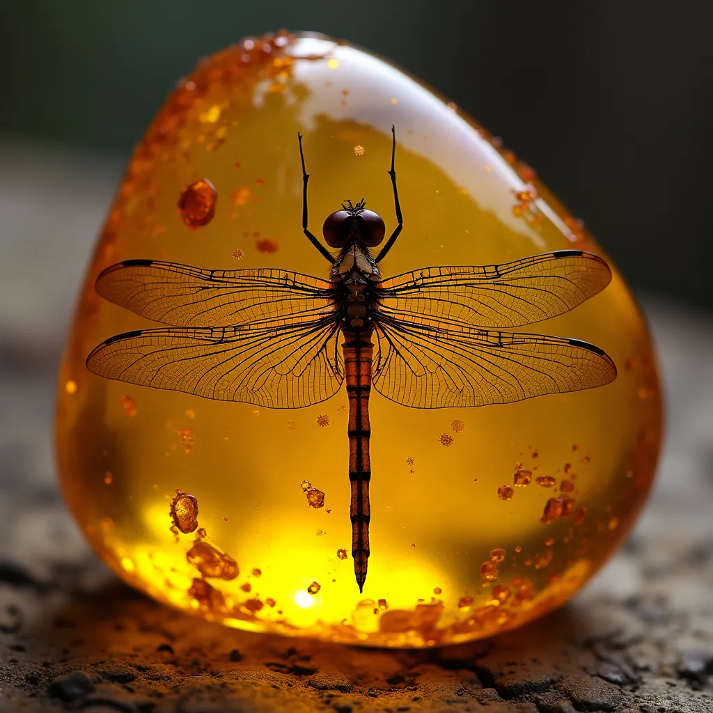 Prompt: a stunning piece of amber with a dragonfly inside the amber 
