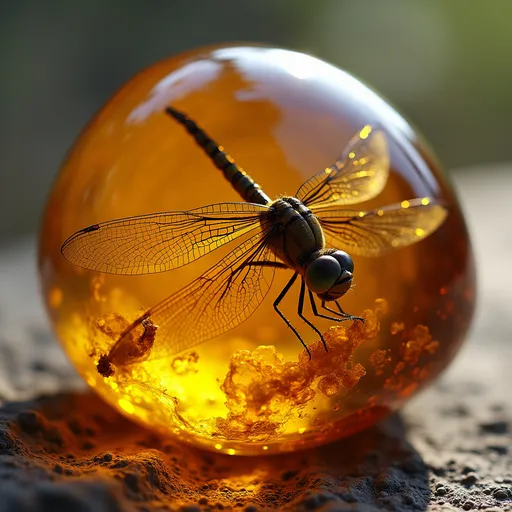 Prompt: a stunning piece of amber with a dragonfly inside the amber 
