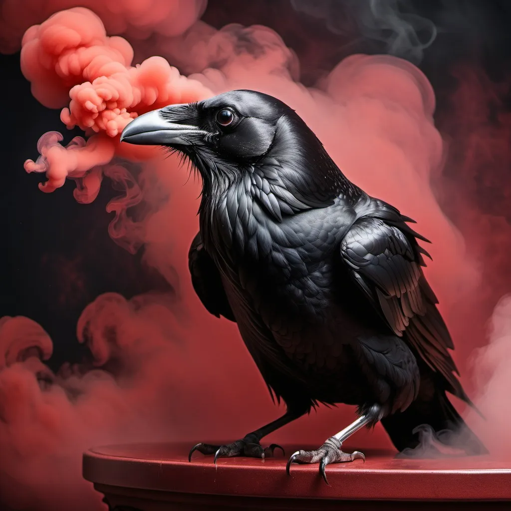 Prompt: A raven or craw with cloudy smoke around it with red and black gothic background