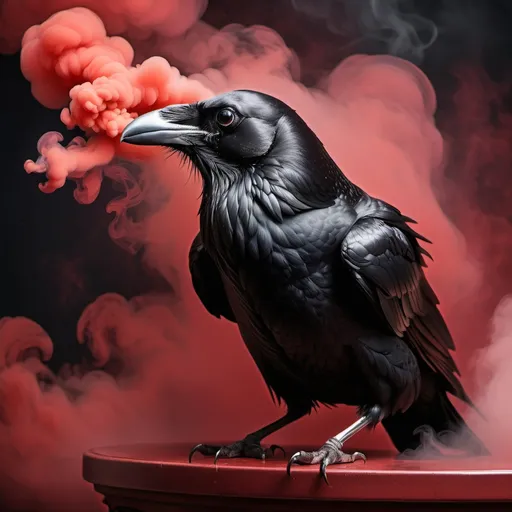 Prompt: A raven or craw with cloudy smoke around it with red and black gothic background