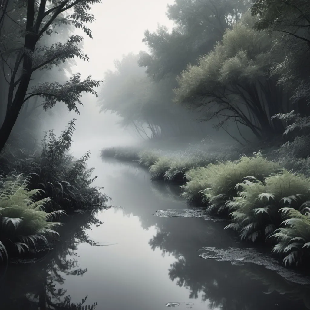 Prompt: Eerie stream, early morning smoke on the water lots of tress and shrubbery, gray style