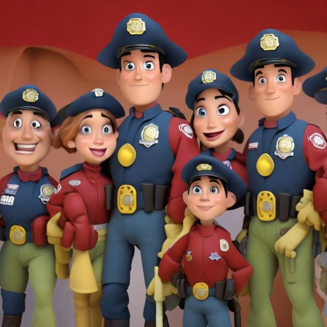 Prompt: Imagen de Disney Pixar de un grupo de paramédicos de la cruz roja cubana. El del centro es aproximadamente de 168cm y 75kg de peso, tiene la cara ancha y los ojos verdes. los otros cuatro son dos hombres y dos mujeres.
los uniformes son: botas negras, pantalones rojos y pulóver blancos con el emblema de Cruz Roja Cubana.
En la Parte superior se ve un letrero  que dice Filial Centro Habana.