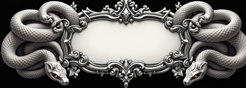 Prompt: a picture frame with a design of snake on it for a button of a website, in black and white, with a white background, amano, game art, concept art,
blank text box in the middle across the image