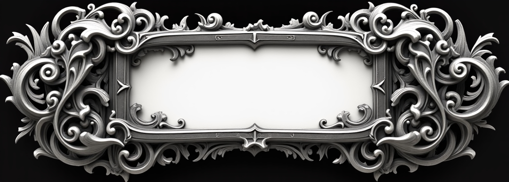 Prompt: a picture frame with a design of swirls and leaves on it, in black and white, with a white background, amano, temporary art, game art, concept art,
blank text box in the middle across the image