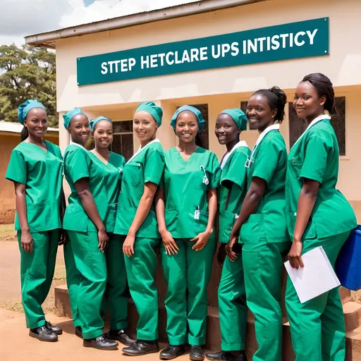 Prompt: A picture of 6 kenyan students in dressed in green scrubs infront of a sign 'STEPS HEALTHCARE TRAINING INSTITUTE' . Ensure sign is spelled correctly 
