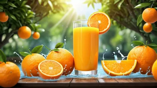 Prompt: 3D orange juice with more splashes with orange fruit background garden