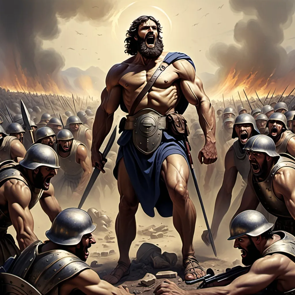 Prompt: Goliath from the Bible surrounded by his allied soldiers on the battlefield
