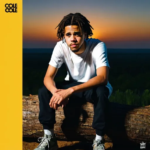 Prompt: J. cole sitting the wilderness at night