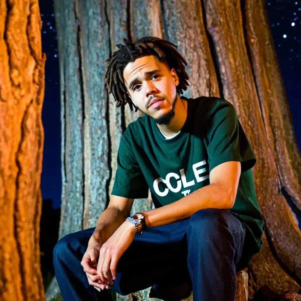 Prompt: J. cole sitting the wilderness at night