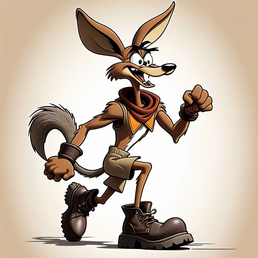 Prompt: looney tunes Wile E. Coyote running forwards in some chunky boots, looking angry