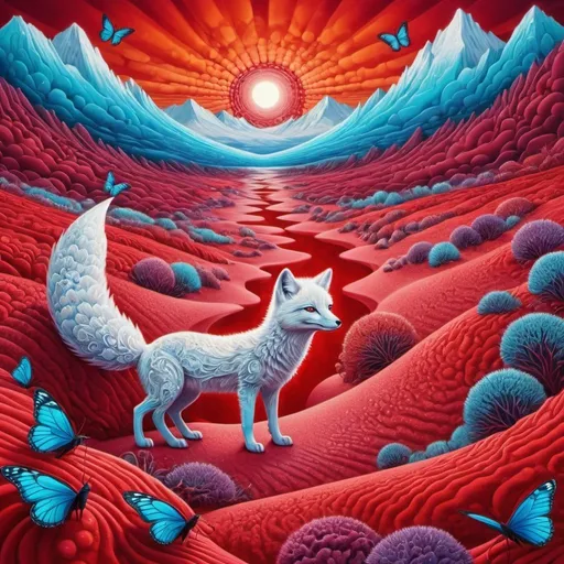 Prompt: Psychedelic artwork of a red sand worm, vibrant red shrub, arctic fox with butterfly wings, surreal landscape, vibrant colors, abstract style, detailed patterns, dreamlike atmosphere, high quality, trippy, vibrant red, surreal, detailed textures, vibrant colors, psychedelic, surreal, abstract, dreamlike, artistic, intricate patterns, surreal lighting