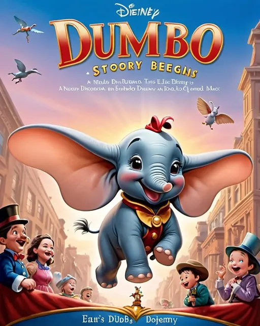 Prompt: Dumbo story begins in the heart of a bustling circus, where a young elephant named Dumbo dreams of flying high. with ears as large as his aspirations, Dumbo embarks on a journey of self, discovery learning that true magic lies within. his tale is a testament to courage, friendship, and the boundless power of dreams. 