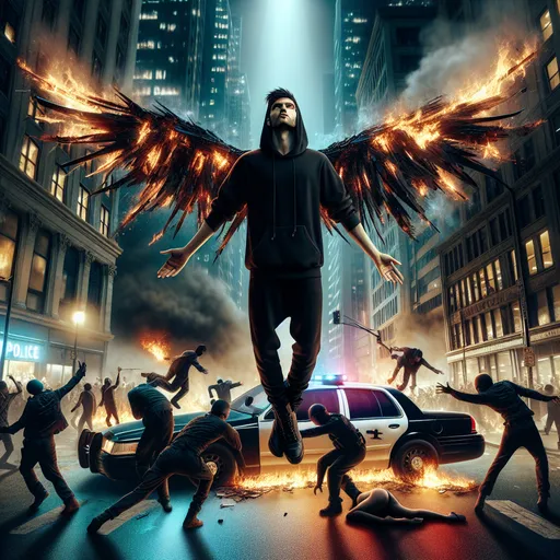 Prompt: (hyper-realistic) image of a (white man with black hair & short black beard in a black hoodie and relaxed-fit black pants) with (tattered burning wings) extended, hovering in a crucifix pose (legs extended straight) above an (Atlanta riot at night), contrasting scenes of people tipping police cars (destruction) and  lovers embracing (debauched celebration), gritty urban backdrop, filled with chaotic energy, vibrant colors from burning debris, cool and warm tones mingling, (ultra-detailed), (high-quality), cinematic atmosphere, dramatic shadows and illumination highlighting emotional depth.