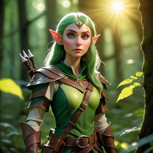 Prompt: Elf ranger in a mystical forest around sunlight