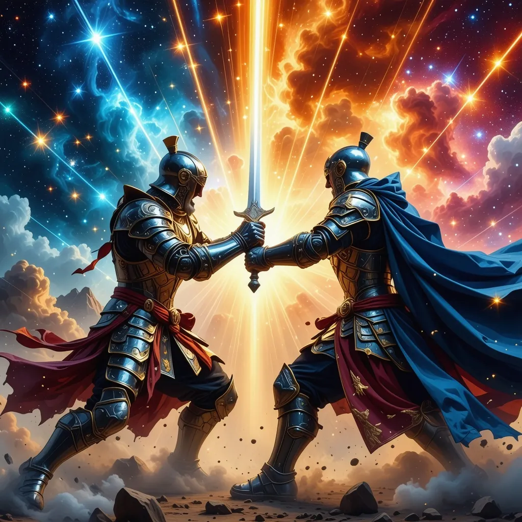 Prompt: Two warriors fighting, (galaxy background), (dynamic action), bold colors, (clean design), detailed armor and weapons, intense expressions, (t-shirt design), print on demand, (high quality), vivid cosmic elements, starry skies, (modern aesthetics), striking contrasts, (stylized artwork).