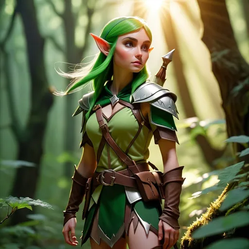 Prompt: Elf ranger in a mystical forest around sunlight