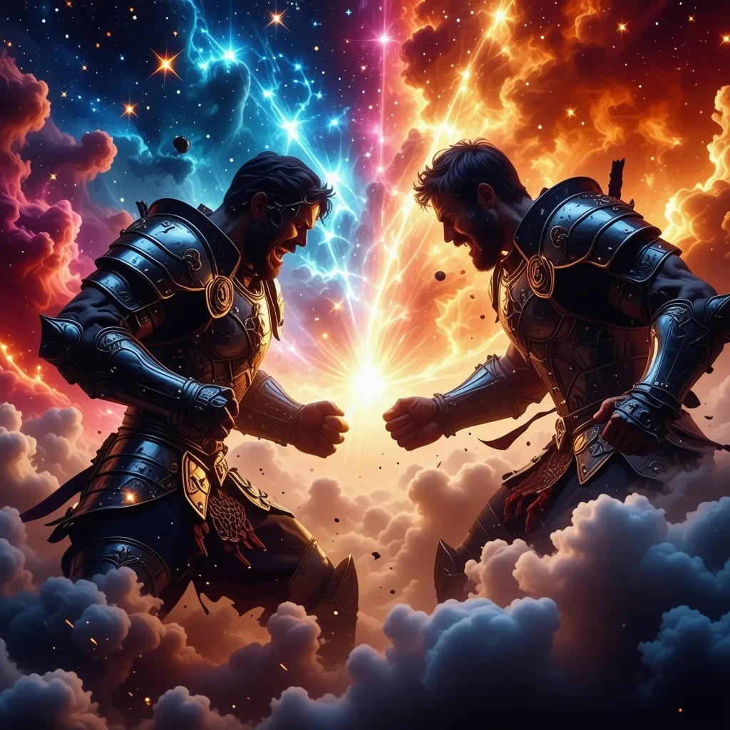 Prompt: Two warriors fighting, (galaxy background), (dynamic action), bold colors, (clean design), detailed armor and weapons, intense expressions, (t-shirt design), print on demand, (high quality), vivid cosmic elements, starry skies, (modern aesthetics), striking contrasts, (stylized artwork).