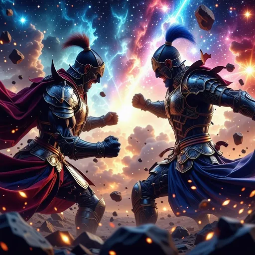 Prompt: Two warriors fighting, (galaxy background), (dynamic action), bold colors, (clean design), detailed armor and weapons, intense expressions, (t-shirt design), print on demand, (high quality), vivid cosmic elements, starry skies, (modern aesthetics), striking contrasts, (stylized artwork).