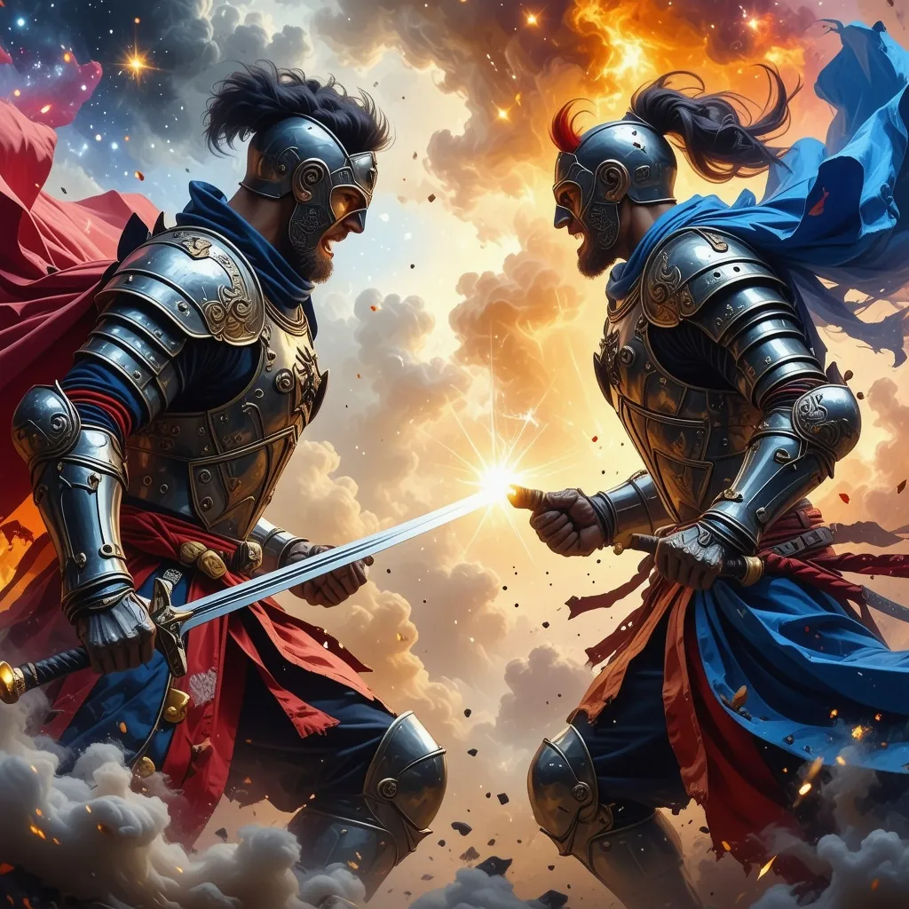 Prompt: Two warriors fighting, (galaxy background), (dynamic action), bold colors, (clean design), detailed armor and weapons, intense expressions, (t-shirt design), print on demand, (high quality), vivid cosmic elements, starry skies, (modern aesthetics), striking contrasts, (stylized artwork).