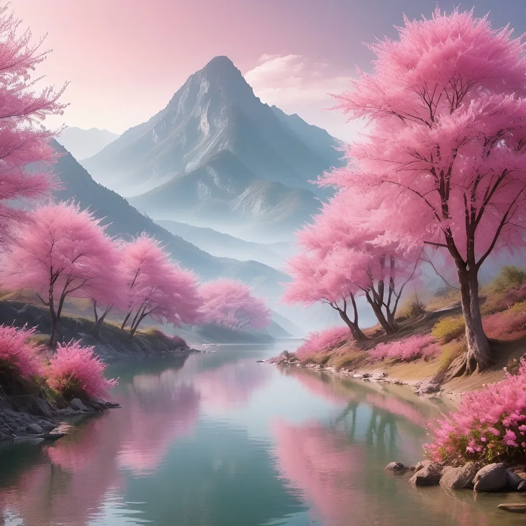 Prompt: Landscape heaven pink trees flowers like a dream with mountain and water, morning light, picture style
