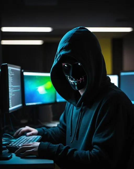 Prompt: hacker in dark colorfull place in computer lab fornt face