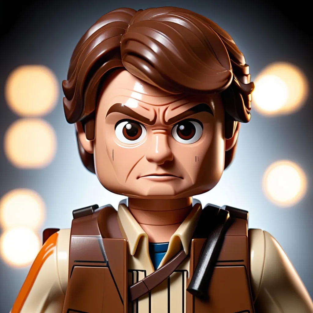 Prompt: Lego representation of Han Solo with brown hair, detailed lego design, realistic profile picture, high quality, lego, Star Wars, detailed minifigure, iconic character, professional lighting