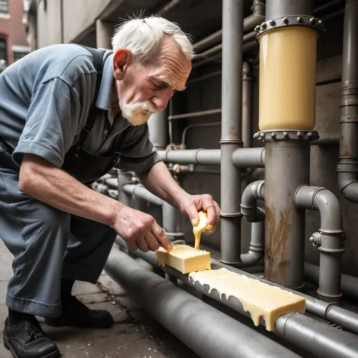 Prompt: An old man applies generously butter on metal pipes 