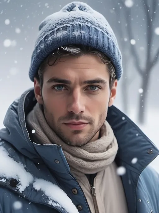 Prompt: (male figure in snow), snowflakes gently falling, soft white snow covering the landscape, (winter ambiance), tranquil and serene atmosphere, cool tones with hints of blue, the man dressed in a warm coat and gloves, standing amid a snowy expanse, (4K) ultra-detailed, capturing the essence of winter tranquility and the beauty of nature's wintry touch.