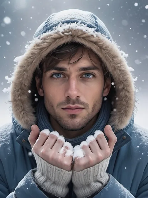 Prompt: (male figure in snow), snowflakes gently falling, soft white snow covering the landscape, (winter ambiance), tranquil and serene atmosphere, cool tones with hints of blue, the man dressed in a warm coat and gloves, standing amid a snowy expanse, (4K) ultra-detailed, capturing the essence of winter tranquility and the beauty of nature's wintry touch.