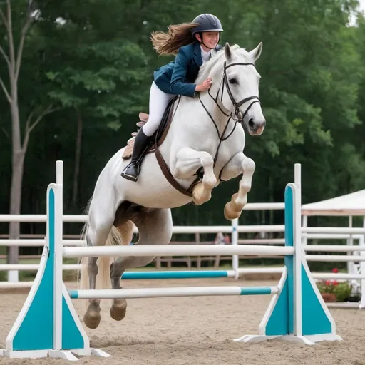 Prompt: a girl jumping on a beautiful jumping horse that jumps a 6 foot tall jump   