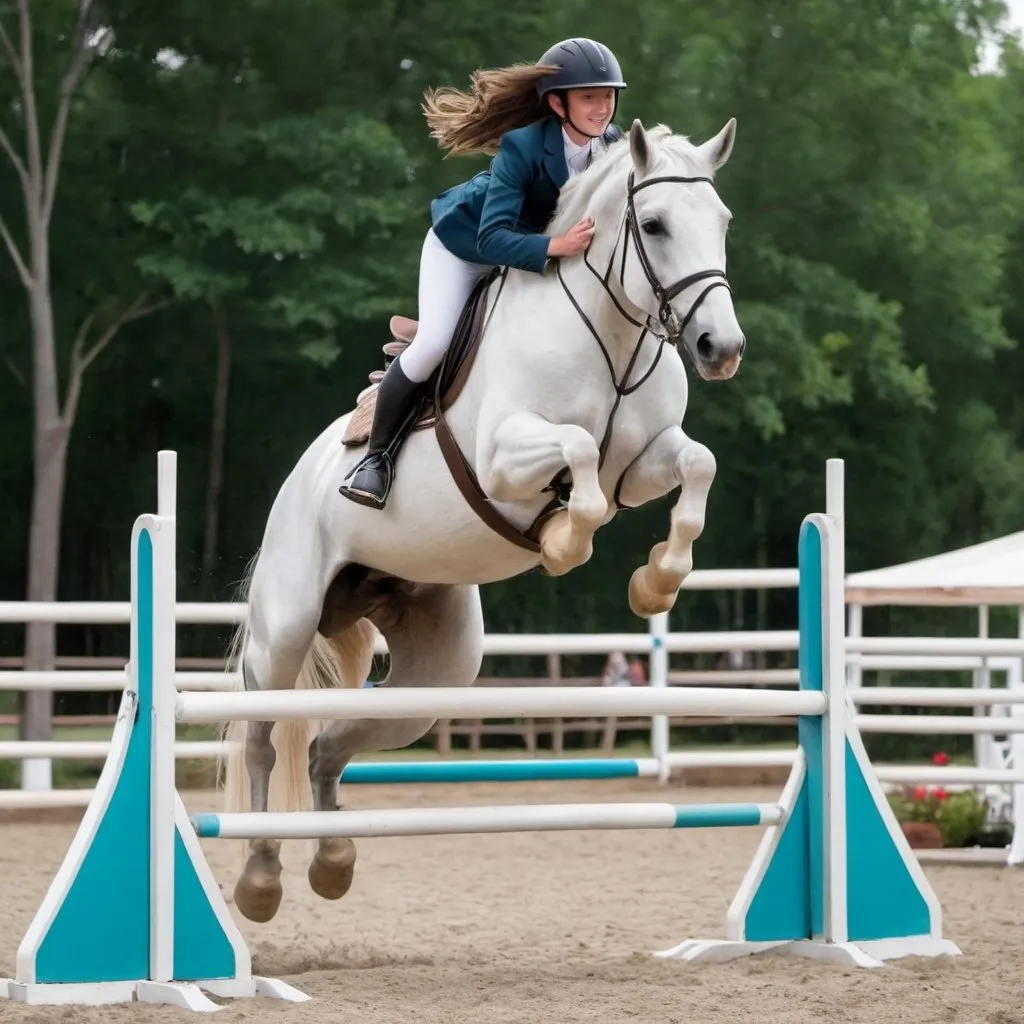 Prompt: a girl jumping on a beautiful jumping horse that jumps a 6 foot tall jump   