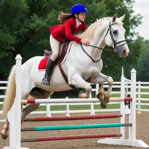 Prompt: a girl riding a majestic horse jumping  a 1 foot tall jump
 