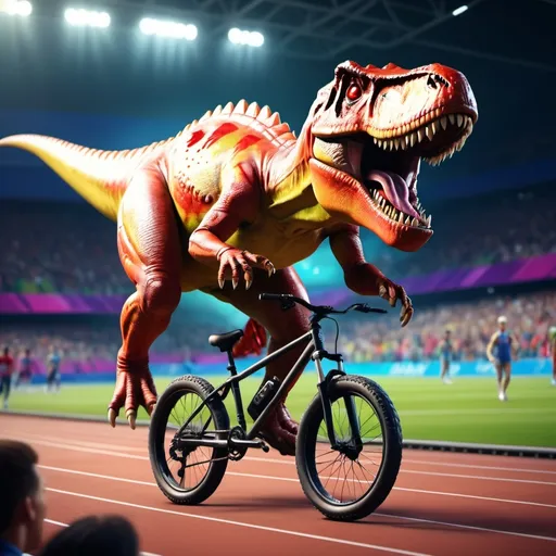 Prompt: a pitch invasion at the Olympics with the invader being dressed up in a t Rex suit riding a bike dropping dice onto the sprinting track