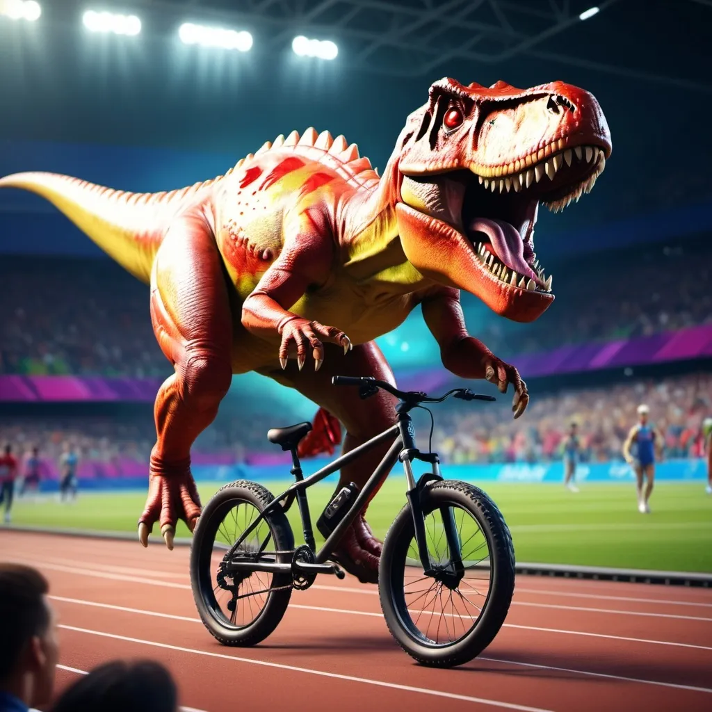 Prompt: a pitch invasion at the Olympics with the invader being dressed up in a t Rex suit riding a bike dropping dice onto the sprinting track