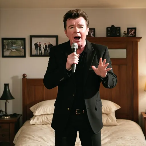 Prompt: Rick Astley singing in a bedroom