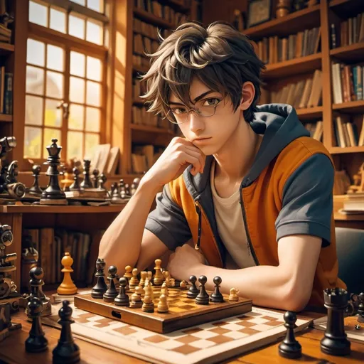 Prompt: (anime style young mechanical engineering student) with a (six pack), best chess player, warm color scheme, dramatic light and shadows, cozy and studious atmosphere, intricate chessboard in the foreground, surrounded by detailed books and mechanical tools, vibrant colors with warm tones, hints of orangey reds and sunshine yellows, intricate background featuring a cluttered workshop, ultra-detailed, high quality, 4K, highly expressive anime features. Healthy and strong.