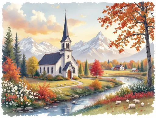 Prompt: aquarel, Bathed in the warm glow of a sunset, a quaint church stands serenely among vibrant autumn foliage, its quaint steeple piercing the sky. Surrounding the church, a tapestry of blooming flowers spills onto the landscape, while a gentle stream meanders through the scene, reflecting the soft hues of the sky. Majestic mountains rise in the background, their peaks adorned with patches of snow, and a rustic farmhouse, complete with a barn and grazing sheep, nestles in the distance. The entire composition exudes tranquility and charm, showcasing a harmonious interplay of nature and human craftsmanship, inviting viewers into a peaceful, pastoral retreat.