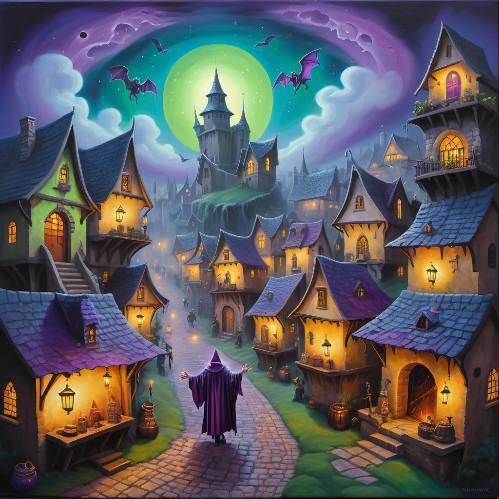 Prompt: Detailed acryl painting of a medieval fantasy village at a foggy night, with a purple colored sky, with a green semi-transparent evil demon floating through the streets, with opened treasure chests, bright lit  lanterns,  a glowing magic circle,  a (blue robed) magician standing on an elevation trying to catch the  ghost with a multi-colored entrapment spell with his bright glowing golden staff, with bats, vultures and black cat