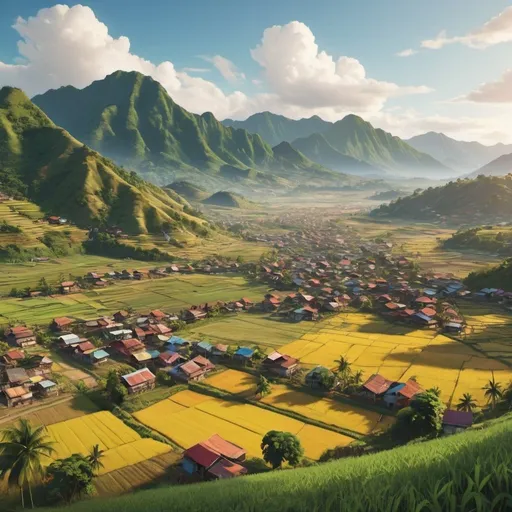 Prompt: Landscape of all colors. A town from the Philippines. Showing sun, mountains, and fields. trending on artstation, 8k, highly detailed and intricate. UHD. Realistic.