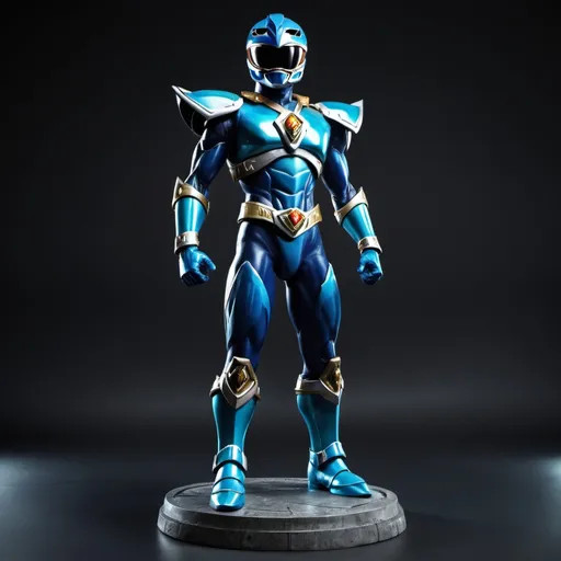 Prompt: Dark Blue and Cyan Power Ranger with metal armor. Full body. Standing on a base.