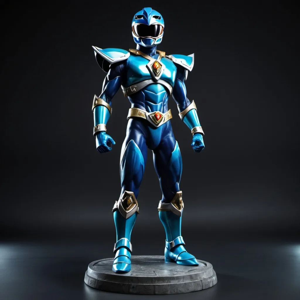 Prompt: Dark Blue and Cyan Power Ranger with metal armor. Full body. Standing on a base.