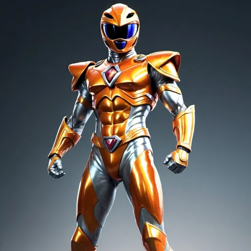 Prompt: Full-body illustration of the Orange Power Ranger in metal armor, standing on a base, detailed metallic textures, powerful stance, high-quality, professional, detailed armor, bright and vibrant colors, dynamic pose, superhero, metallic sheen, shiny finish, intricate details, heroic, larger than life, vibrant, action-packed, highres, ultra-detailed, dynamic lighting, bold and vivid tones