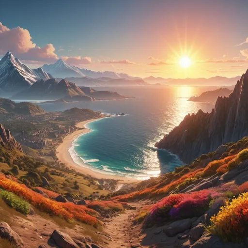 Prompt: Landscape of all colors. Showing sun, mountains, and ocean. trending on artstation, 8k, highly detailed and intricate. UHD.