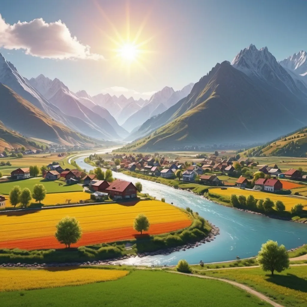 Prompt: Sun, mountains, fields, rivers, houses. Colorful view. Detailed. 8k. UHD. Realistic.